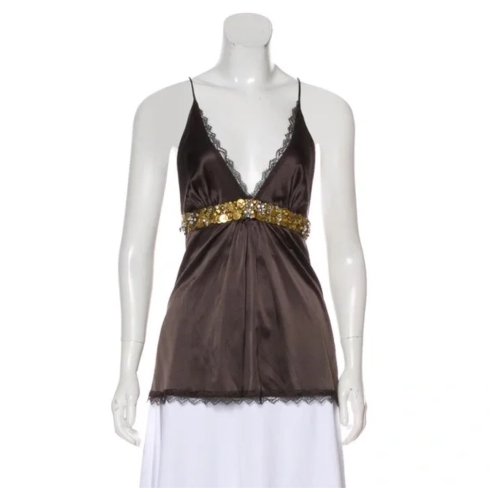 Kaufmanfranco metálico silk spaghetti strap luxury top embellishment size L
